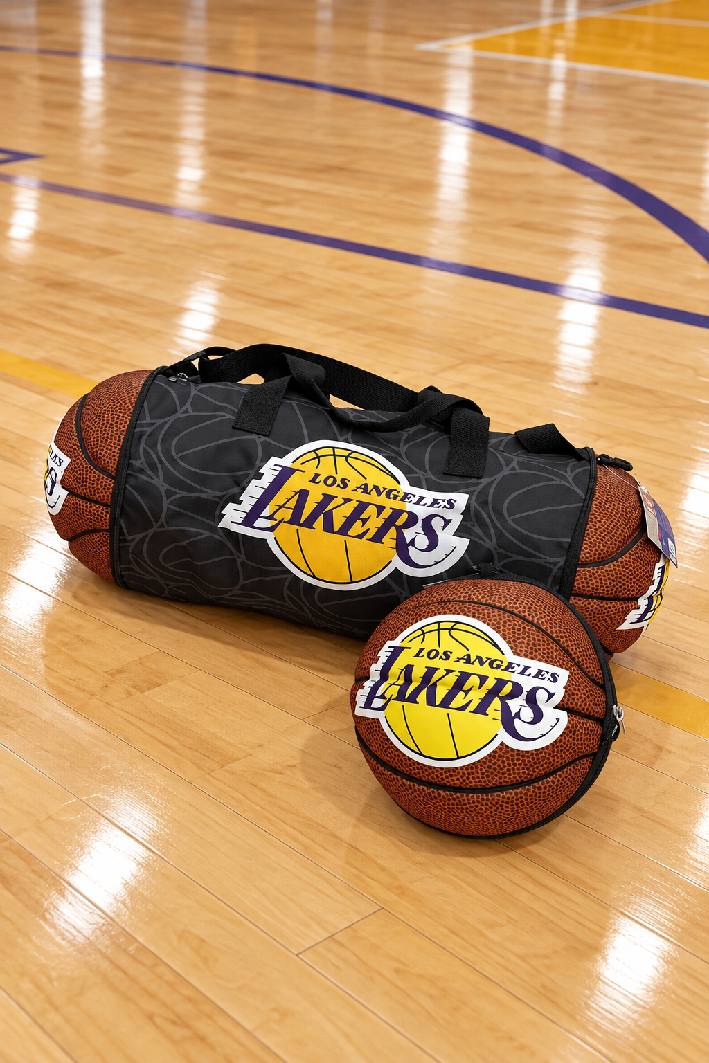Hoop Duffel basketball duffel bag, Lakers design, shown as a bag and a ball