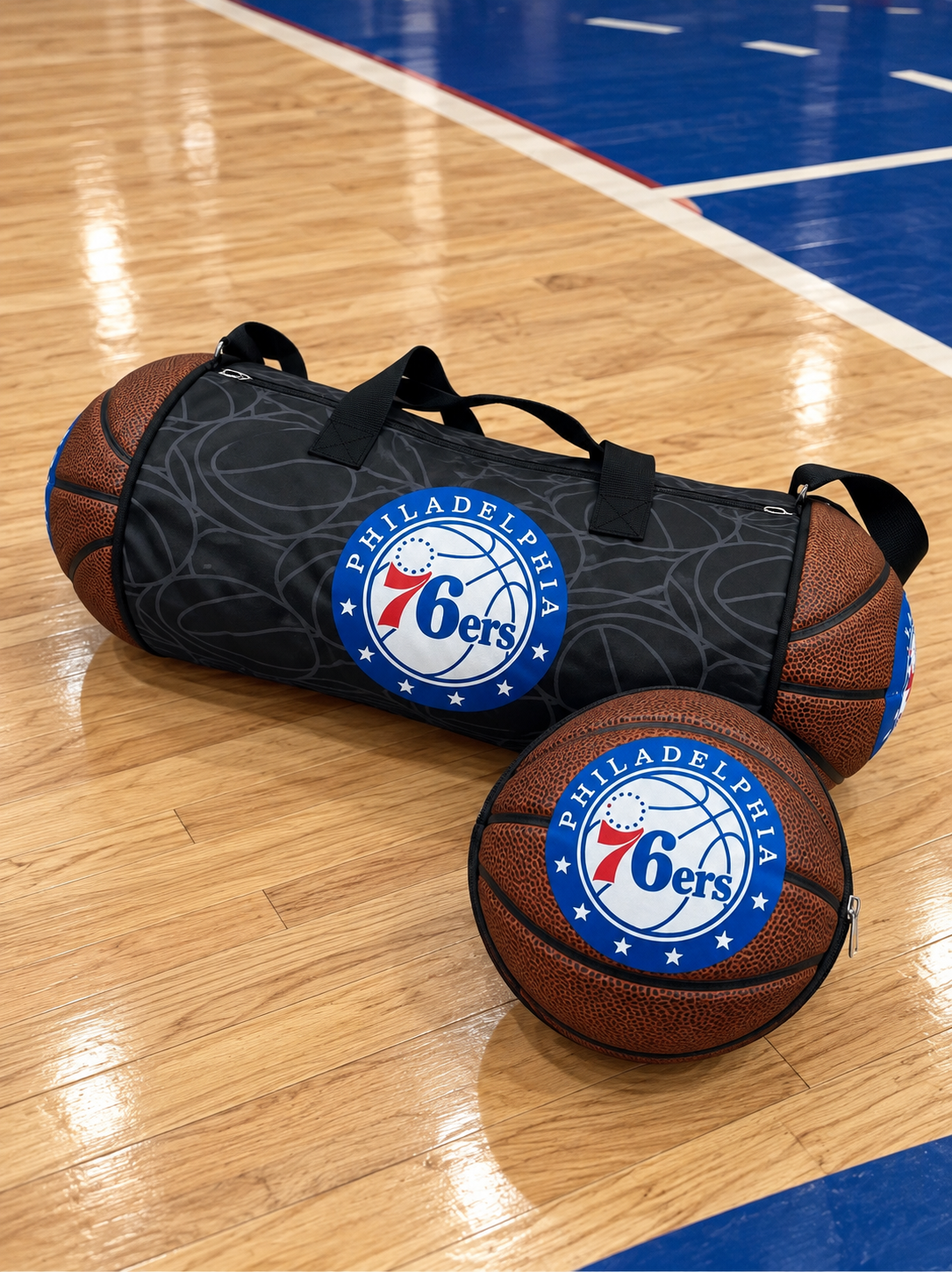 Hoop Duffel basketball duffel bag, 76ers design, shown as a bag and a ball