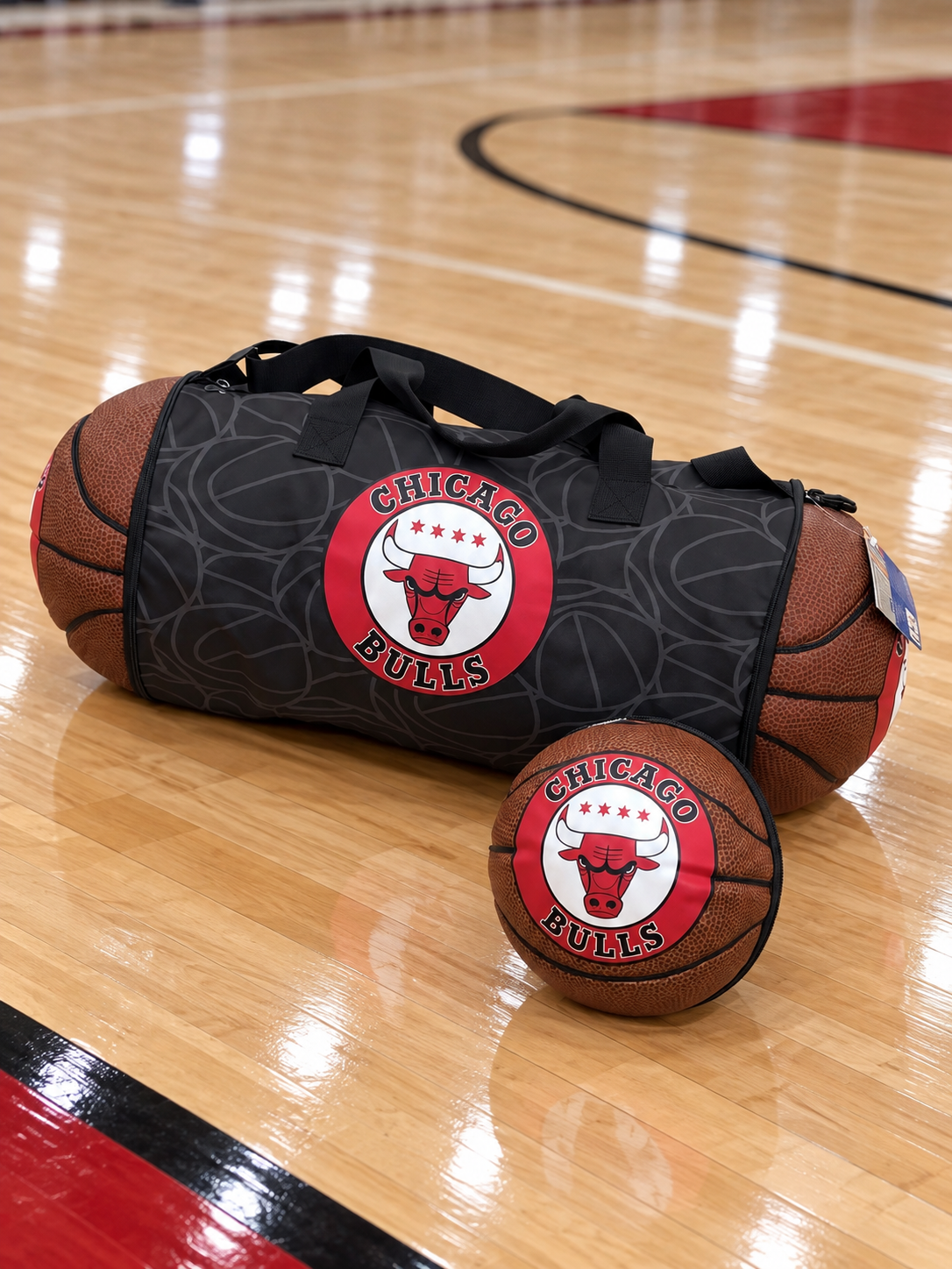 Hoop Duffel basketball duffel bag, Bulls design, shown as a bag and a ball