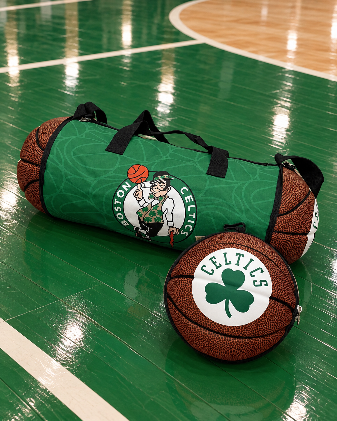 Hoop Duffel basketball duffel bag, Celtics design, shown as a bag and a ball