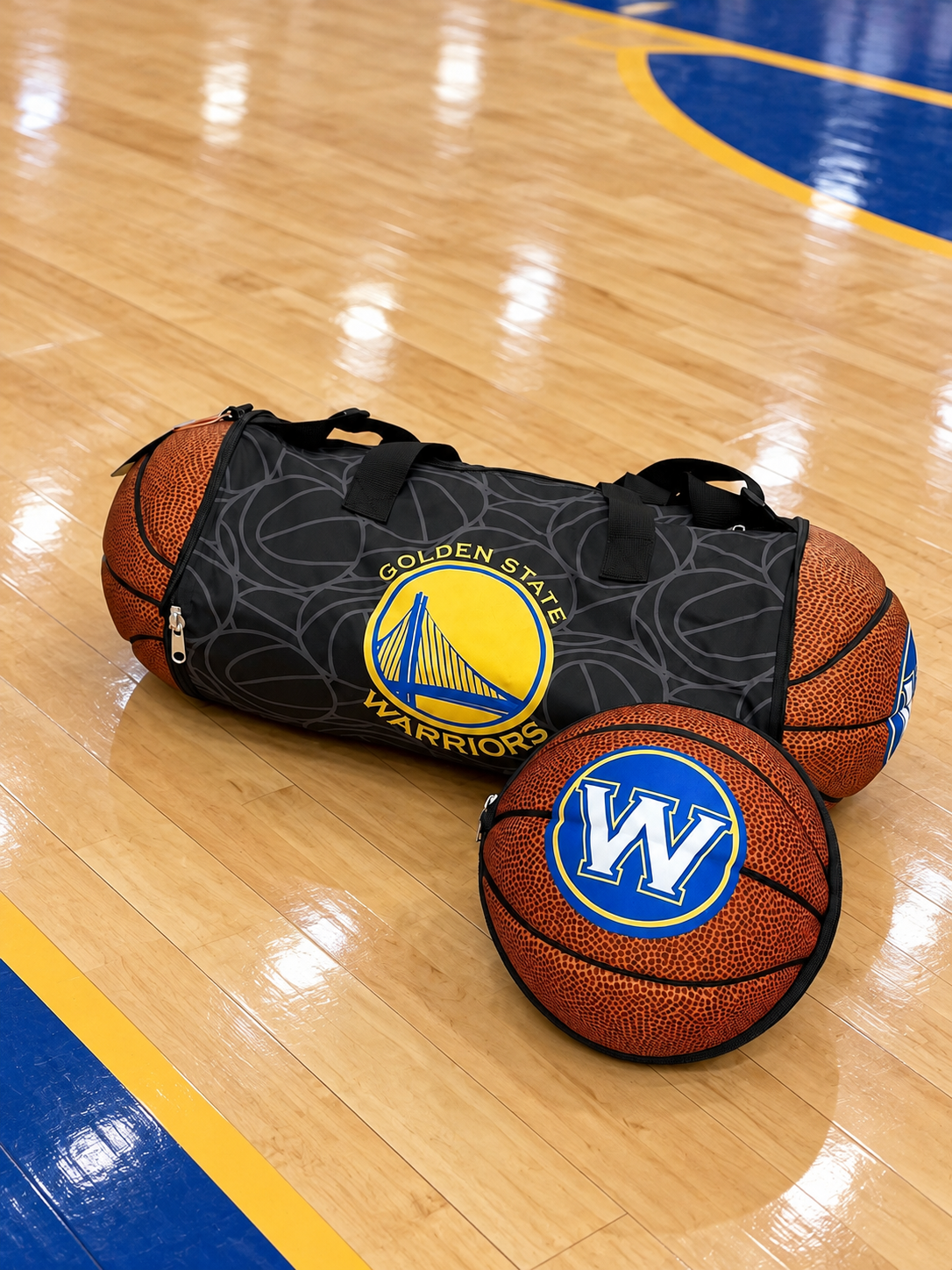 Hoop Duffel basketball duffel bag, Warriors design, shown as a bag and a ball